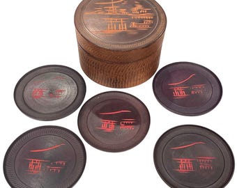 Japanese Carved Wooden Coaster Scenic Design Set of 5 Storage Box Made In Japan