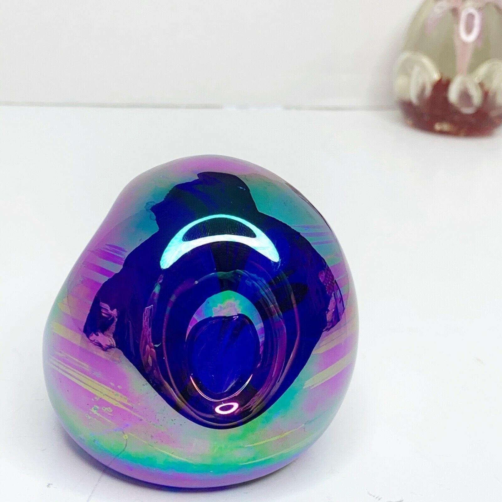 Gibson Glass Paperweight 1984 Marked Iridescent Blue Purple Carnival Indented Etsy