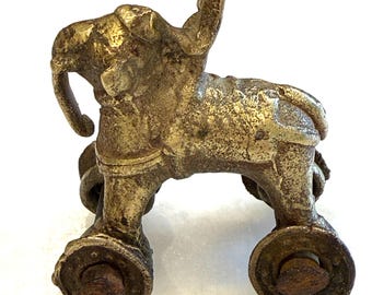 Antique 19thC Indian Bronze Temple Toy Elephant Wheels Rider Dhokra Folk Art