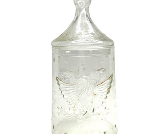 Vintage Glass Apothecary Jar with Lid Embossed Eagle Star Design Clear Patriotic