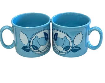 Vintage Staffordshire Potteries Ironstone Mugs Set of 2 Blue Lemons England