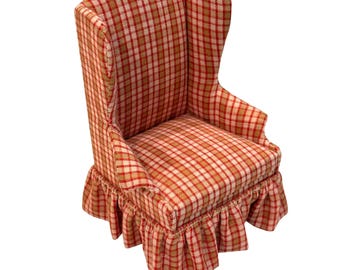 Dollhouse Miniature Artisan d. Anne Ruff Wing Back Chair Plaid Signed Dated 1983