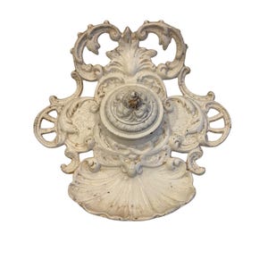 Vintage Cast Iron Inkwell Ornate White Victorian Shell Scroll Design Lid JM18B