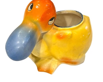 Vintage Kitschy Duck Pelican Planter Figurine Japan Yellow & Orange Home Décor