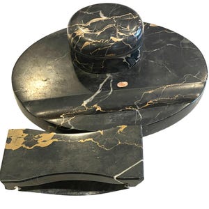 Vintage Art Deco Nero Portoro Marble Inkwell & Blotter Desk Set Black Gold Italy
