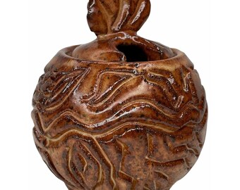 Handmade Studio Art Pottery Honey Pot Brown Wooden Dipper Carved Design SIGNED