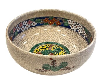 Vintage Japanese Satsuma Crackle Glaze Floral Decorative Bowl Marked Earthenware