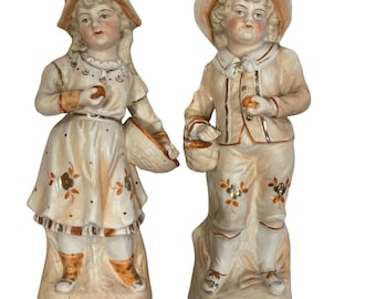 Antique European German Bisque Boy & Girl Figurines w/ Apple Baskets