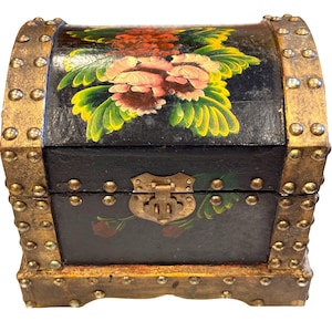 Vintage Hand Painted Wooden Treasure Chest Box Gold Rivets Floral Design
