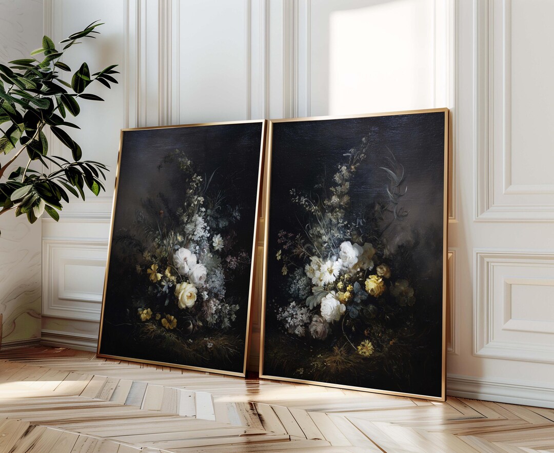 Set of 2 Dark Floral Prints, Moody Botanical Wall Art, Vintage Still ...