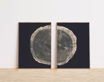 Tree Ring Print Set, Abstract Wood Grain Artwork, Minimalist Wall Decor