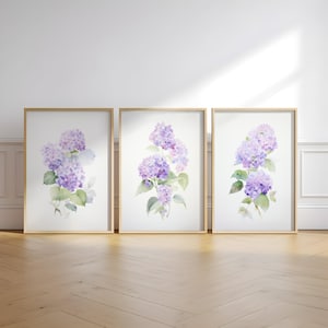 紫色のアジサイ、水彩画、ミニマリストの壁飾り、子供部屋の壁アート、紫色の花のアート、3枚セット