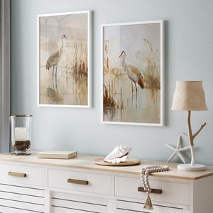 Sandhill Crane Artwork, Sandhill Crane oil painting, Minimalist Coastal Room Decor, Modern Fine Art Posters, set of 2