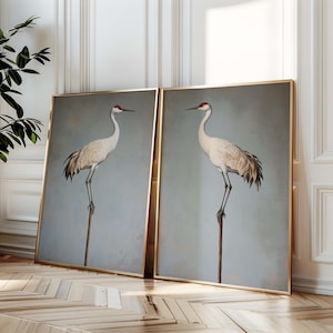 Vintage Gray Sandhill Crane Artwork, Sandhill Crane oil painting, Minimalist Coastal Room Decor, Modern Fine Art Posters, set of 2