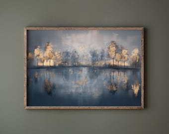 Blue and Gold Leaf Forest Art Print: Modern Landscape Canvas