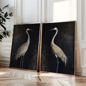 Vintage Sandhill Crane Artwork, Sandhill Crane oil painting, Minimalist Coastal Room Decor, Modern Fine Art Posters, set of 2