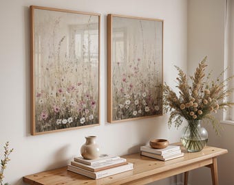 Wildflower Field Art Print Set: Vintage Botanical Landscape, Modern Farmhouse Decor