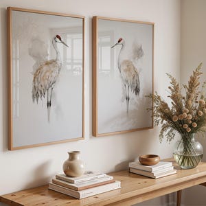 Sandhill Crane Artwork, Sandhill Crane oil painting, Minimalist Coastal Room Decor, Modern Fine Art Posters, set of 2