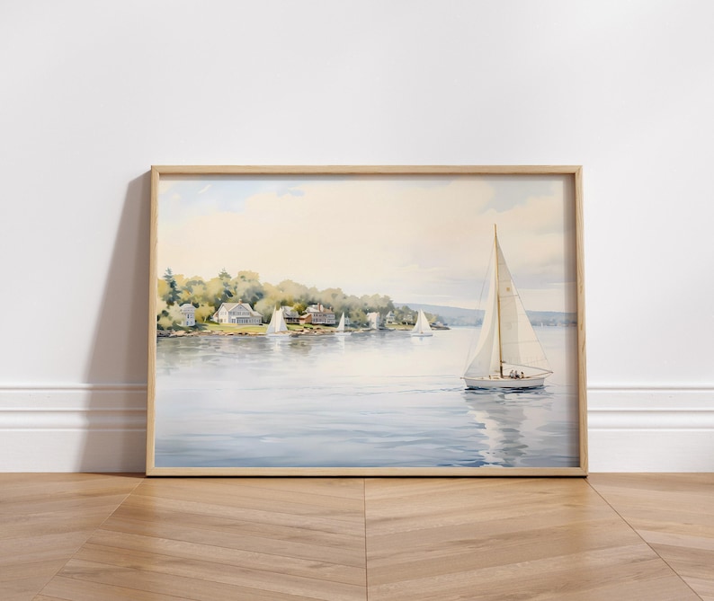 Vintage Nautical Oil Painting Neutral Sailboat Seascape Print Wall Art image 4