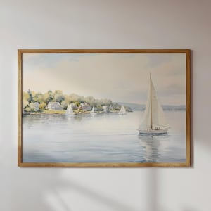 Vintage Nautical Oil Painting  Neutral Sailboat Seascape Print  Wall Art