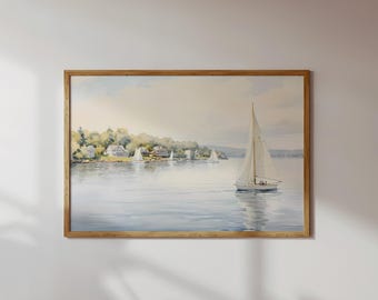 Vintage Nautical Oil Painting  Neutral Sailboat Seascape Print  Wall Art