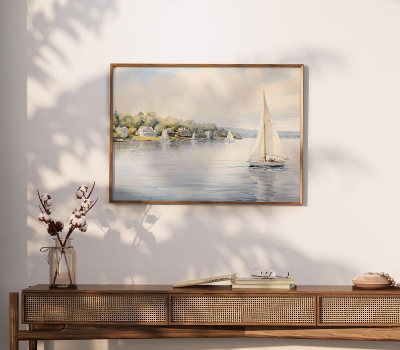 Vintage Nautical Oil Painting Neutral Sailboat Seascape Print Wall Art image 5