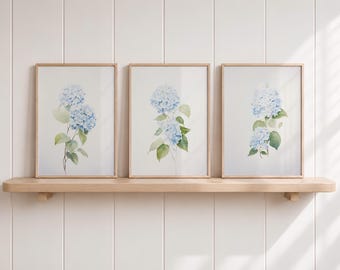 Watercolor Blue Hydrangea Prints, Floral Wall Art (Set of 3)