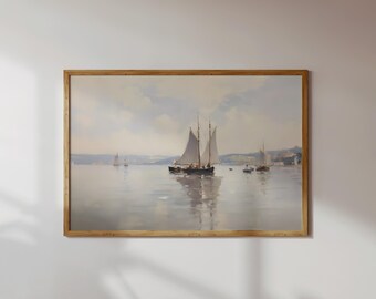 Vintage Nautical Oil Painting  Neutral Sailboat Seascape Print  Wall Art