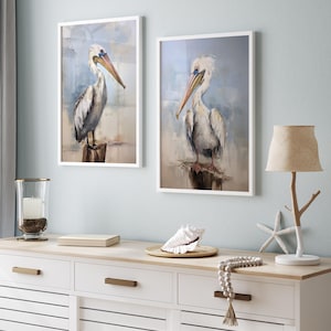 Pelican Coastal Art Prints: Minimalist Oil Painting Style, Set of 2