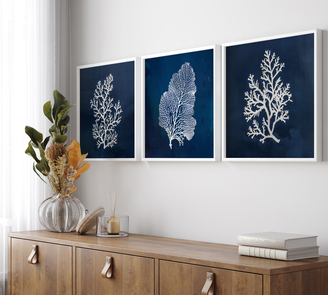 Navy Blue Coral Wall Art, Nautical Wall Decor, Coastal Wall Art, Beach