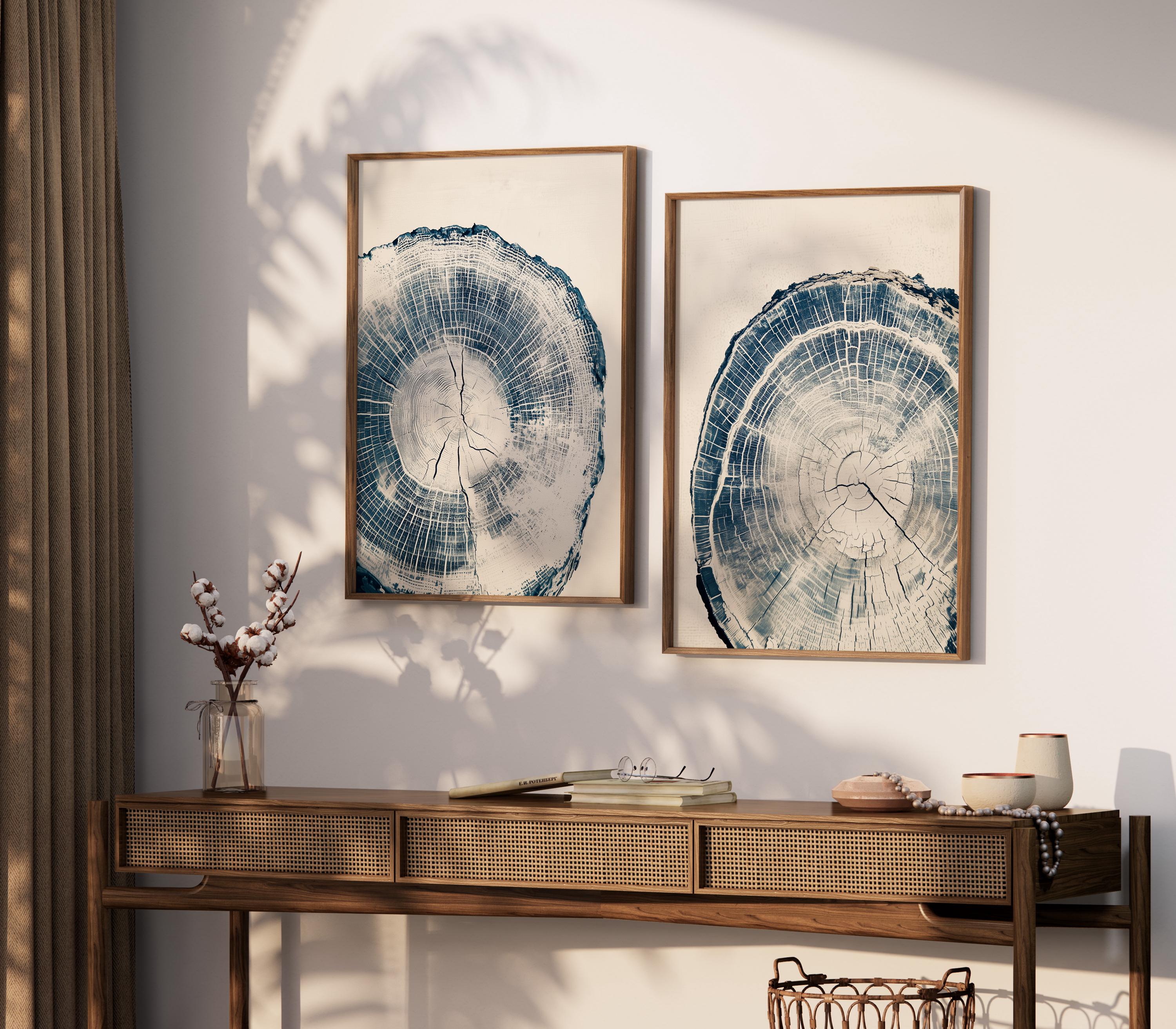 Blue Tree Ring Print, Rustic Tree Ring Artwork, Neutral