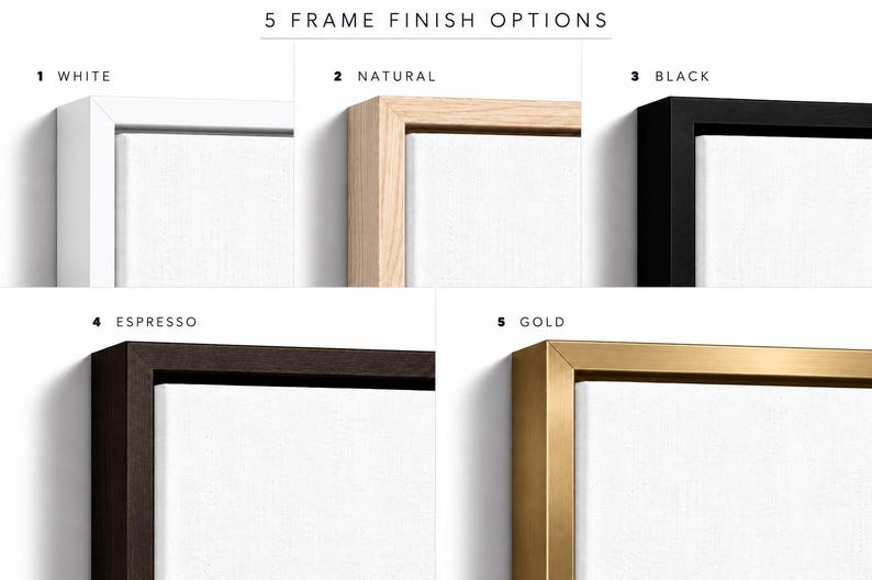 a collection of five different frame finishes, each with a unique color and style, arranged in a grid format.