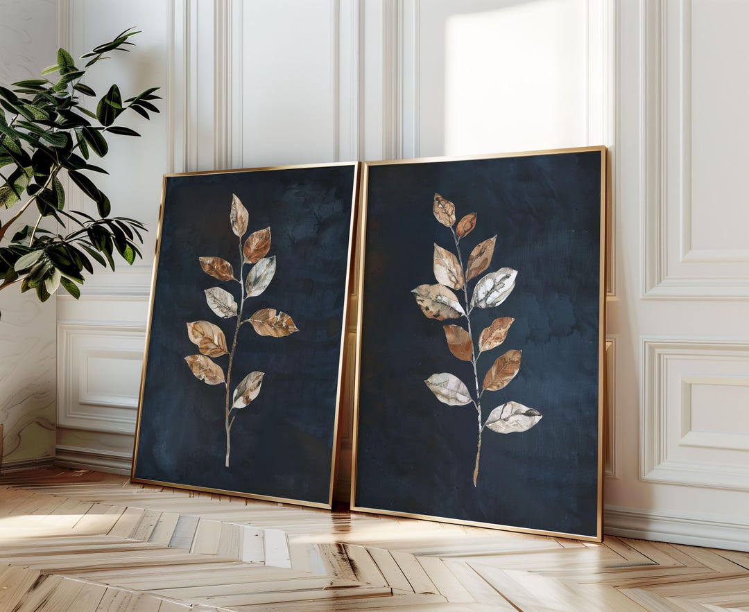 Blue and Gold Leaf Print Set: Minimalist Boho Wall Art - Etsy