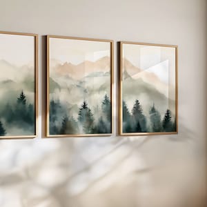 Green Mountain Artwork, Abstract Forest Print, Minimalist Modern Art, Nature Wall Decor, set of 3