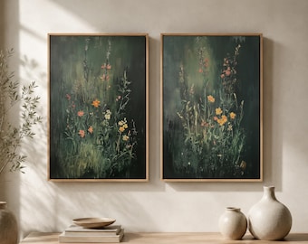May include: Two rectangular wall art pieces in light wood frames, each featuring an oil painting of wildflowers in shades of orange and yellow against a dark, moody forest green background with visible brushstrokes and a vertical composition.