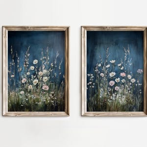 Navy Wildflower Field Art Print: Vintage Botanical Landscape Set