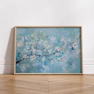 Vintage Blue Flower Oil Painting - Floral Art Print for Blue Living Room Wall Decor