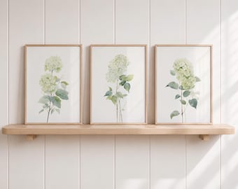 Green Hydrangea Watercolor Art Prints: Minimalist Floral Wall Decor