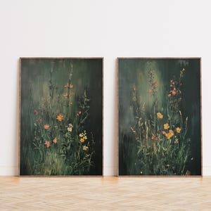 Wildflower Field Canvas Art Print Set: Vintage Botanical Landscape