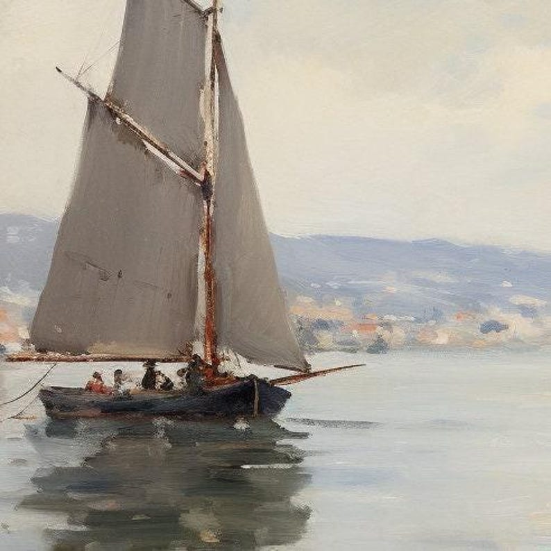 a painting of sailboats in the water with a city in the background