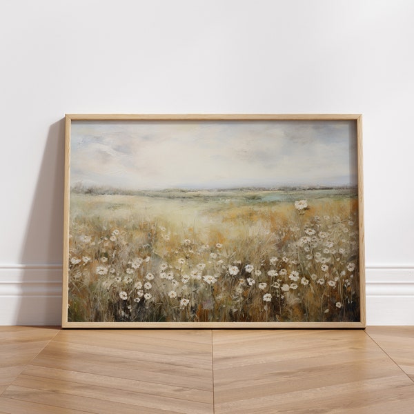 Peinture à l'huile de paysage de champ de fleurs sauvages, impression d'art de paysage de cru, art de mur de champ de pays