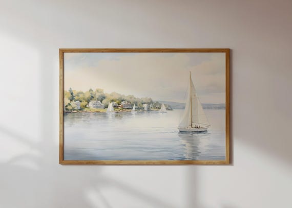 Vintage Nautical Oil Painting  Neutral Sailboat Seascape Print  Wall Art