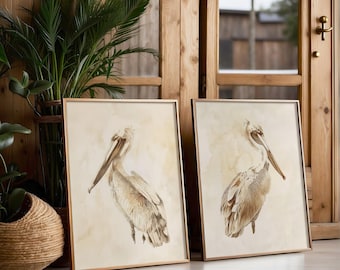 Arte com pelicanos, decoração minimalista para quarto com tema costeiro, pôsteres de arte moderna, conjunto de 2