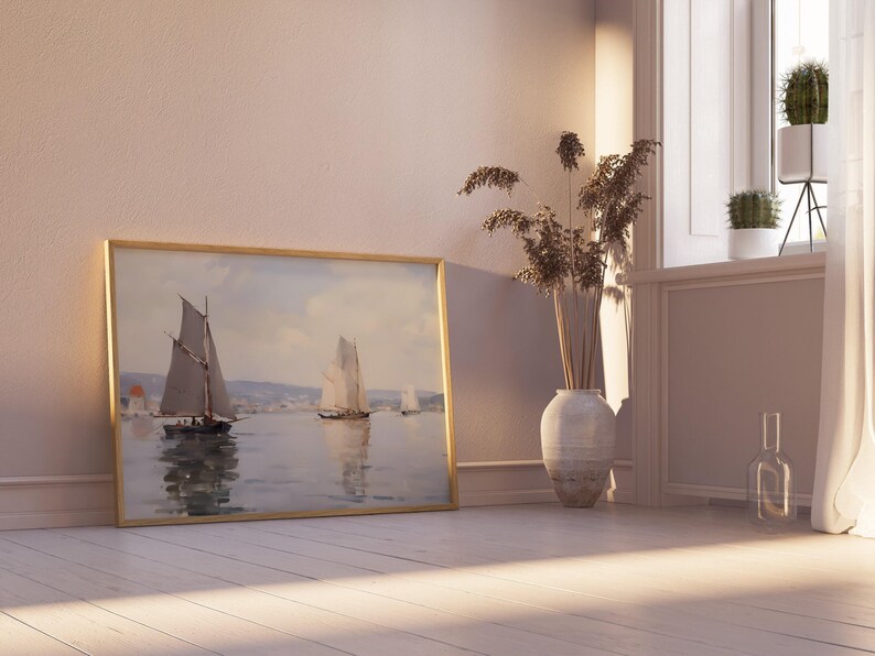 a painting of a sailboat in a room