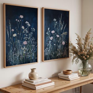 Navy Wildflower Field Art: Vintage Botanical Landscape Canvas Print (Set of 2)