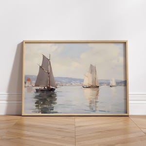 a painting of sailboats in a large body of water