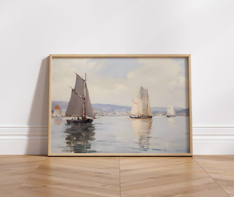 a painting of sailboats in a large body of water