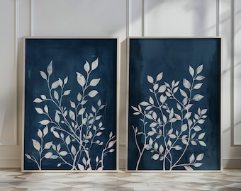 Navy Botanical Wall Art Prints: Minimalist Leaf Decor, Set of 2