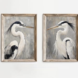 White Heron, heron oil painting Minimalist Coastal Room Decor, Modern Fine Art Posters, set of 2