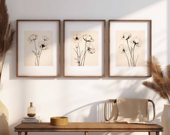 Neutral botanisk linjekonst, beige tryck, minimalistisk modern väggdekoration för sovrum och vardagsrum, set om 3